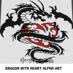 a cross stitch pattern with an image of a dragon on it's face and the words dragon with heart alpha art