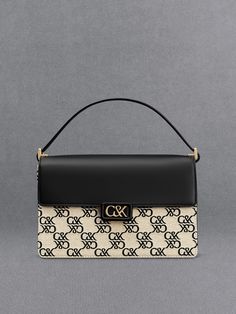 Black Leather & Canvas Monogram Shoulder Bag - CHARLES & KEITH US Chic Formal Monogram Canvas Bag, Elegant Monogram Canvas Shoulder Bag With Top Handle, Elegant Shoulder Bag With Monogram Canvas And Top Handle, Elegant Monogram Canvas Shoulder Bag With Top Carry Handle, Chic Monogram Canvas Bags, Luxury Rectangular Logo Satchel, Chic Monogram Canvas Rectangular Satchel, Classic Monogram Canvas Satchel For Evening, Classic Evening Satchel In Monogram Canvas