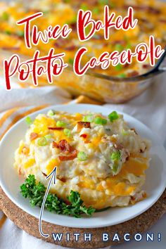 two baked potato casserole on a plate with bacon