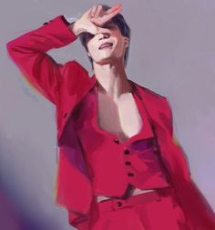 a digital painting of a woman in a red suit with her hand on her head