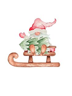 a watercolor painting of a santa clause sleigh with christmas decorations on it