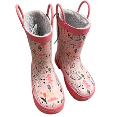 New With Box Product Description: Cream Colored Waterproof Rain Boots With A Doodle Print Featuring Animals And Flowers. Pink Trim, Looped Handles, And Outsole Nicely Frame These Whimsical Printed Boots. Soft Faux Fur Lining With A Removable Insole. Boots Are Easy To Clean After A Day Of Play. Handmade Waterproof Construction With Natural Rubber Pull Handles To Promote Self-Dressing Signature Western Chief Print Faux Fur Lining Rubber Traction Lug Outsole Pink Rain Boots For Winter Outdoor Activities, Pink Rain Boots For Winter Outdoor Use, Pink Winter Rain Boots For Outdoor, Winter Outdoor Pink Rain Boots, Pink Waterproof Spring Boots, Casual Pink Rain Boots For Outdoor, Casual Pink Rain Boots For Winter, Pink Non-slip Rain Boots With Round Toe, Pink Insulated Outdoor Boots