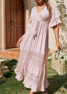 Lace-Up Pink Boho Maxi Dress Melanie - Boho Dress Official Feminine Boho Maxi Dress For Vacation, Bohemian Spring Midi Dress With Lace Trim, Pink Lace Trim Maxi Dress For Summer, Feminine Pink Boho Dress For Summer, Pink V-neck Boho Sundress, Spring Pink Maxi Dress With Lace Trim, Casual Maxi Dress With Lace Trim, Pink Short Sleeve Maxi Dress With Lace Trim, Pink Midi Dress With Lace Trim For Beach