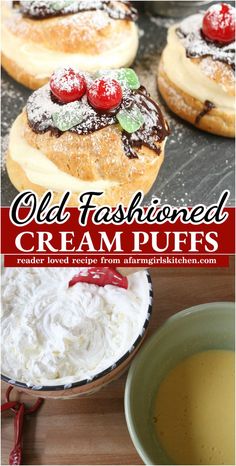 Cream puffs with cream filling, topped with chocolate ganache and maraschino cherries. Bunco Desserts, Italian Cream Puff, Puff Pastry Squares, Cream Puff Dessert, Pastry Squares, Tiramisu Ice Cream, Pastry Recipes Dessert