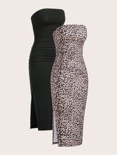 Leopard Print Split Thigh Tube Dress & Ruched Tube Dress Multicolor Casual  Sleeveless Knitted Fabric Leopard Print,Textured Pattern Bodycon High Stretch  Women Clothing, size features are:Bust: ,Length: ,Sleeve Length: Leopard Bodycon Dress, Women Midi, Mermaid Party, Tube Dress, Womens Midi Dresses, Dress P, All Fashion, Women Clothing, Women Clothes Sale