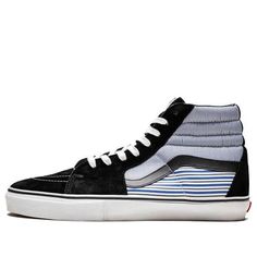 The Comme des Garcons x Supreme x Sk8 Hi Pro from Vans is a must-have sneaker for any fashion-forward individual. Featuring an eye-catching blue and white striped pattern on the quarter panel, this shoe is sure to turn heads wherever you go. The black suede paneling and leather jazz stripe provide a stylish contrast, while the white midsole keeps things looking clean and sharp. The insole is branded with Comme des Garcons and Supreme logos, adding an extra touch of luxury to this already amazing Supreme Logo, Pro Black, Sk8 Hi, Black Suede, The White, High Tops, Fashion Forward, Blue And White, Black And White