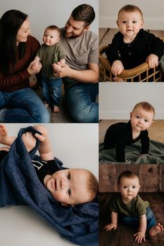 a collage of photos shows a baby sitting on the floor with his mom and dad