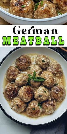 two plates with meatballs and sauce on them, one is cooked in the oven