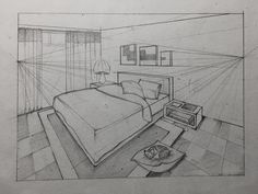 Bedroom In Perspective, Architecture Room Drawing, Bedroom Perspective Drawing Two Point, Interior Space Sketch, Room Perspective Drawing Interior Design, Bedroom Sketch Perspective, Room Drawing Perspective, Room In 2 Point Perspective, Two Point Perspective Drawing Interior