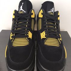 New With Box Mens Air Jordan 4 Retro Thunder 2023 Sneakers, Super Comfy And Stylish New, Never Worn Condition, Comes From Smoke-Free Household! Color: Yellow Black / Dh6927-017 Air Jordan 4 Sports Shoes With Branded Insole, Black Air Jordan 4 High-top Breathable, Black Breathable High-top Air Jordan 4, Black Breathable Air Jordan 4 Lace-up, Black Air Jordan 4 Breathable For Sports, Black Breathable Air Jordan 4 For Sports, Air Jordan 4 For Sports, Sporty Black Air Jordan 4 For Sports, Black Urban Low-top Air Jordan 4