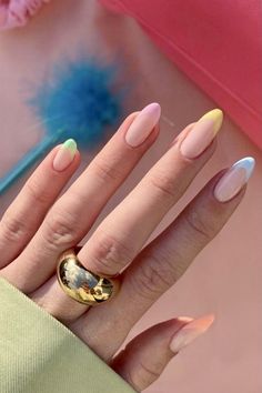 April Nails, Almond Acrylic Nails, Rainbow Nails, Nail Arts, Cute Acrylic Nails, Acrylic Nail Designs