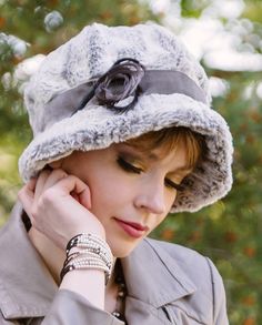 Grace Hat in Khaki Faux Fur shown on Model features Midori Velvet Band with Curl Gray Feather | By Pandemonium Millinery | Seattle WA USA Ruff Collar, Fleece Hats, 1920s Style, Crochet Cap, Fur Fabric, Fancy Hats, Faux Fur Fabric, Cloche Hat, Handmade Hat