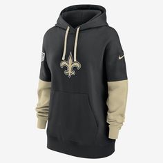 A wardrobe staple for football season, the New Orleans Saints Sideline Essential Hoodie is made with dropped shoulder seams that help create an oversized look and soft fleece lining for a warm, comfortable outer layer. Saints Gear, Essential Hoodie, Nike Nfl, Nfl Gear, Uniform Design, New Orleans Saints, Football Season, Nike Black, Women Pullover