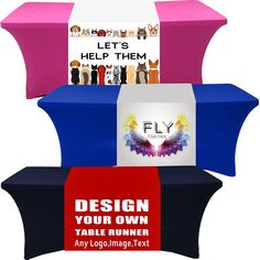 three tables with different colors and designs on them, one is blue, the other is pink