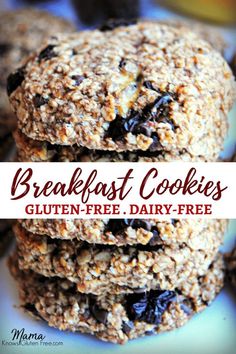 three breakfast cookies stacked on top of each other with the words, gluten free dairy