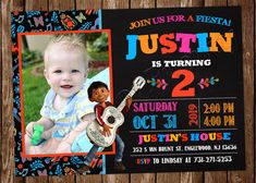 a birthday card with a photo of a child playing the guitar and holding a toy