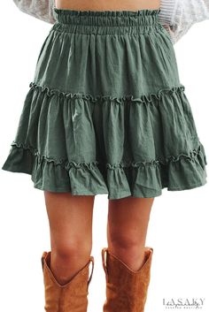 Lasaky - High waisted smocked skirt with ruffles green Short Skirts Outfits, Skirt With Ruffles, Smocked Skirt, High Waist Skirt, Jeans Material, Green Skirt, Type A, Denim Fabric, Skirt Outfits