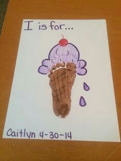 a child's drawing of a foot with an ice cream cone on it that says i is for