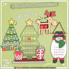 a christmas tree, snowman and presents are on the green background with words that say free gift