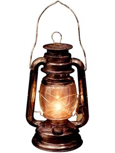 an old fashioned lantern is lit up on a white background