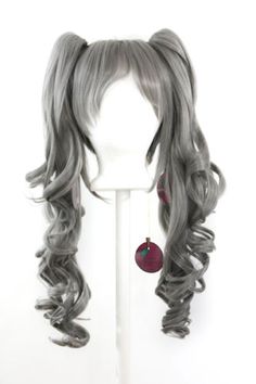 23-Curly-Pig-Tails-Base-Slate-Gray-Synthetic-Cosplay-Wig-NEW Pig Tales Hairstyle, Pig Tails, Pig Tails Hairstyles, High Pigtails, Tail Hairstyle, Grey White Hair, Covering Gray Hair, Bleach Blonde Hair, Grey Wig