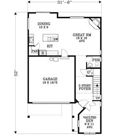 the floor plan for a two story house with an attached garage and living room area