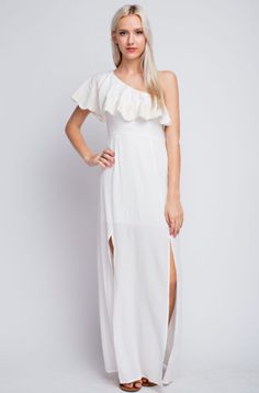 Peta One Shoulder Ruffle Maxi Dress One Shoulder Ruffle Dress, White Outfits For Women, One Shoulder Dress Long, Maxi Dress Boho, Strapless Sundress, Cute White Dress, Shoulder Ruffle Dress, Ruffle Maxi Dress, Boho Pink