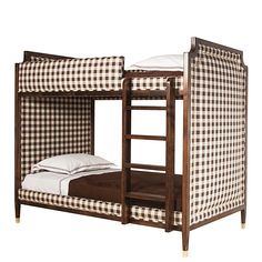 a wooden bunk bed with white and black checkered fabric on the top, and bottom