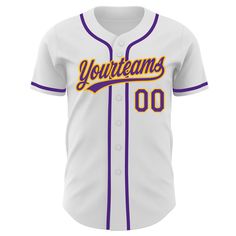 Custom White Purple-Gold Authentic Baseball Jersey Cheap Collegiate Baseball Jersey For College, Cheap Varsity Jersey For Sports Season, Cheap Breathable Crew Neck Baseball Jersey, Cheap Breathable Baseball Jersey, Cheap Team-colored Baseball Jersey For Sports Season, Custom Baseball Jersey, Blue Football, Custom Jerseys, White Jersey