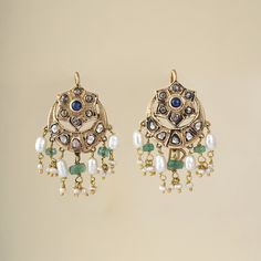 Gold(18K) : 0.98gGold(14K) : 9.70gRose-cut Diamond : 1.30ctGemstones : Emerald, Blue Sapphire, Cultured Pearls Fusion Style Multi-stone Yellow Gold Earrings, Yellow Gold Multi-stone Fusion Earrings, Yellow Gold Multi-stone Earrings For Wedding, Yellow Gold Multi-stone Wedding Earrings, Traditional Yellow Gold Multi-stone Earrings, Multi-stone Emerald Earrings For Gift, Emerald Multi-stone Earrings For Gift, Uncut Diamond Earrings, Emerald Blue