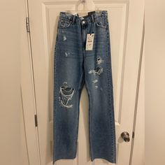 Zara Denim, Distressed With Raw Edge. Zara Medium Wash Jeans For Spring, Zara Jeans With Frayed Hem For Spring, Zara Dark Wash Jeans For Spring, Zara Blue Jeans With Frayed Hem, Zara Jeans With Frayed Hem, Zara Spring Denim Jeans, Cheap Distressed Zara Bottoms, Zara Frayed Hem Denim Jeans, Casual Ripped Zara Jeans