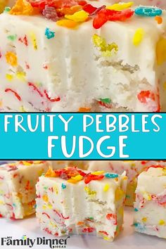 this fruity pebbles fudge cake is made with white frosting and sprinkles