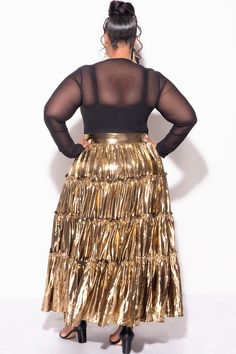 Nylon %: 90 Spandex% 10 Model is wearing 1x Maxi Tiered Skirt, Plus Size Bodysuit, High Waisted Maxi Skirt, Plus Size Maxi, Tier Skirt, Tiered Skirt, Black Mesh, Metallic Gold, Final Sale