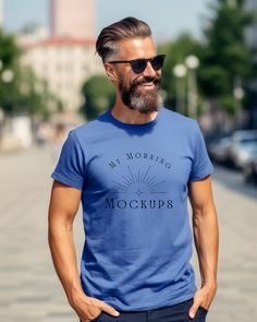 Blue Cotton T-shirt With Print, Mockup Downloads, Blue Crewneck, Pixel Perfect, T Shirt Mockup, Men Shirt, Tshirt Mockup, Shirt Mockup, Crew Neck Shirt