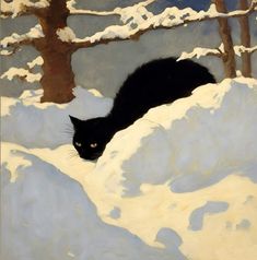 a painting of a black cat in the snow