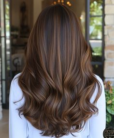 Stylish Rich Walnut Brown Balayage on Long Brunette Hair for Fall Walnut Brown Balayage, Dark Brown With Auburn Balayage, Brown Balayage No Bleach, Brunette Balayage Fall, Fall Hair 2024 Brunette, Cinder Toffee Brunette, Fall Baylage Hair Brunettes, Hazelnut Brown Balayage, Brunette Hair For Fall