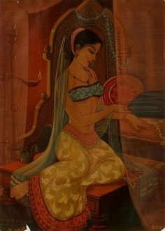 an old painting of a woman sitting on a chair with a fan in her hand