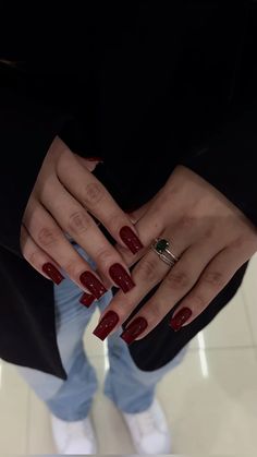 Simple Christmas Square Nails, Short Square Dark Red Nails, Nail Inspo Trendy 2024 Fall, Red Nail Square, Christmas French Tips Square, Wine Nails Square, Dark Red Square Acrylic Nails, Red Nails Square Medium, Dark Wine Red Nails