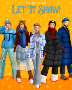 four people standing in front of an orange background with the words let't snow