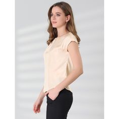 This blouse offers perfect office wear for warm weather. Cut to a fitted shape with the cap-sleeve design, just providing elegant details for the blouse. This blouse would be equally styled well with A-line skirts or skinny jeans with high heels. Designed in a fluid, flowing silky fabric that drapes beautifully around the body. Cap sleeves add some flare to your everyday look. Plain Office Tops For Spring, Solid Color Sleeveless Blouse For Work, Casual Plain Office Blouse, Plain Summer Office Tops, Elegant Plain Shirt For Work, Office Crew Neck Blouse, Sleeveless Blouse For Work, Elegant Crew Neck Top For Office, Classic Plain Tops For The Office