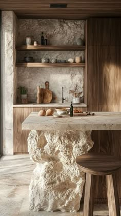 A beautifully designed kitchen featuring natural stone elements and wooden accents.  #KitchenInspo #HomeDesign #InteriorStyling #ModernKitchen #NaturalMaterials Luxury Freeform Natural Stone Jewelry, Wabi Sabi Stone Wall, Wabi Sabi Kitchen, Spain Hotel, Architecture Villa, Mexico House, Minimal Living, House Of Beauty, Black Wall Art