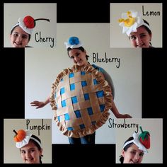 a collage of photos showing different types of pies and hats for children to wear