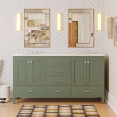 a bathroom with two sinks and mirrors on the wall next to a rug in front of it