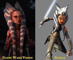 the clone wars vision and reels are shown in two separate screens, one with an orange light saber