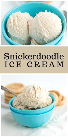 two bowls filled with ice cream next to each other and the words, snickkerdoodlee ice cream