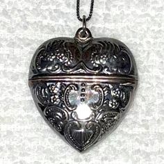 30” Chain With 15” Drop. Circa 1870’s. Victorian Style Sterling Silver 925 Heart Locket Pill Box Pendant Chain Necklace. Vintage Sterling Silver Keepsake Necklace, Vintage Sterling Silver Heart Locket Necklace, Vintage Sterling Silver Heart Pendant Locket Necklace, Pendant Locket Necklace, Silver Vintage Charm Necklace For Memorial, Victorian Heart Pendant Engraved Necklace, Vintage Silver Necklaces For Memorial, Victorian Silver Keepsake Necklaces, Victorian Heart Pendant Necklace For Memorial