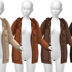 three mannequins are standing next to each other wearing jackets and sweaters