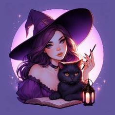 a woman in a witches hat holding a black cat with a lantern on her lap