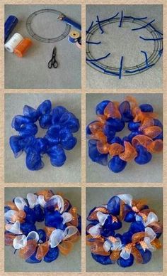 four pictures of different types of blue and orange hair accessories with scissors, yarn, thread, and beads