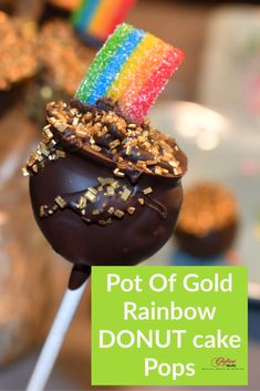 a close up of a cake on a stick with the words pot of gold rainbow donut cake pops